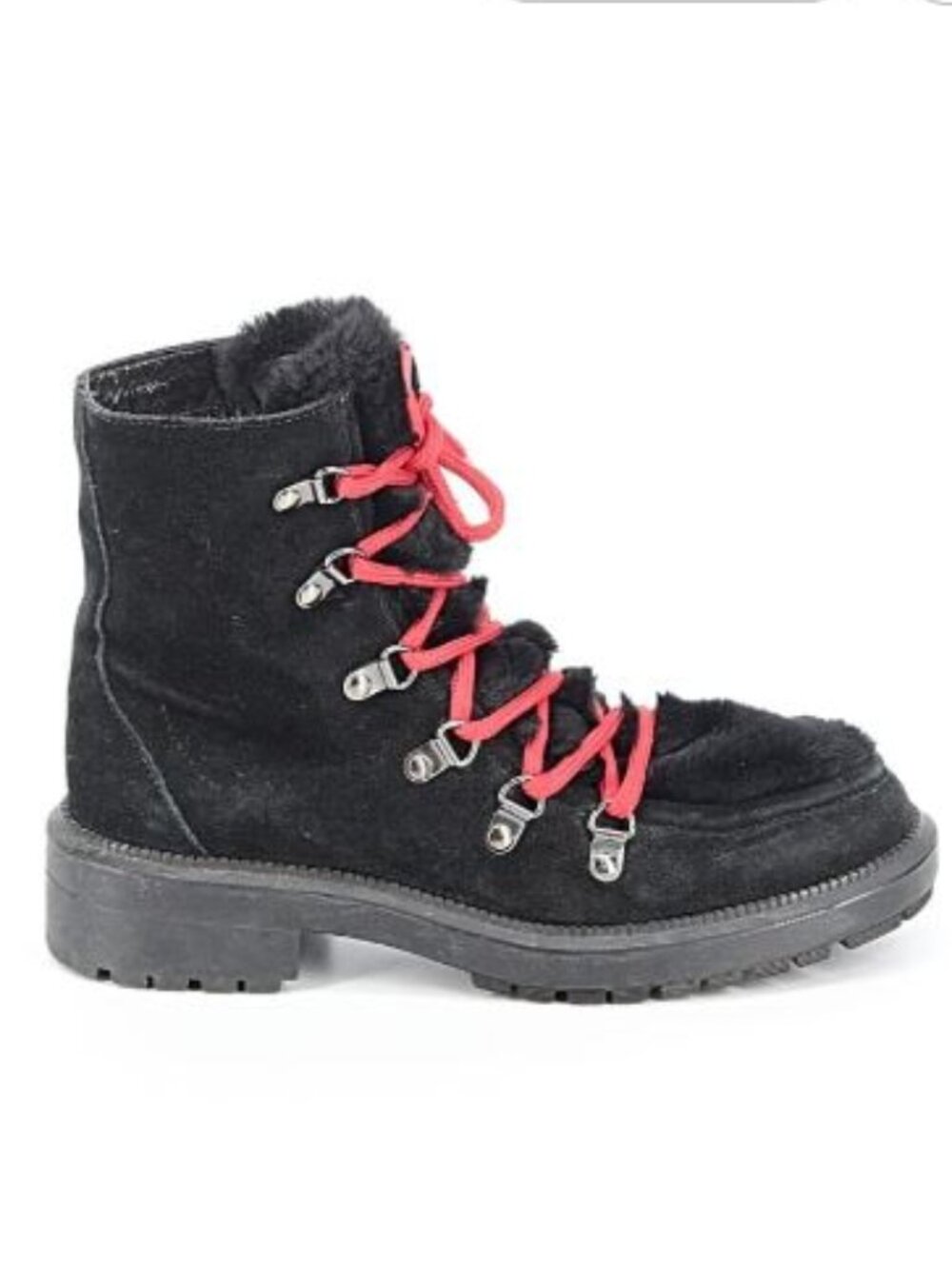 Aquatalia Lyra Suede Faux Fur Boots 6 Black Red Lace Up Combat Platform Chunky